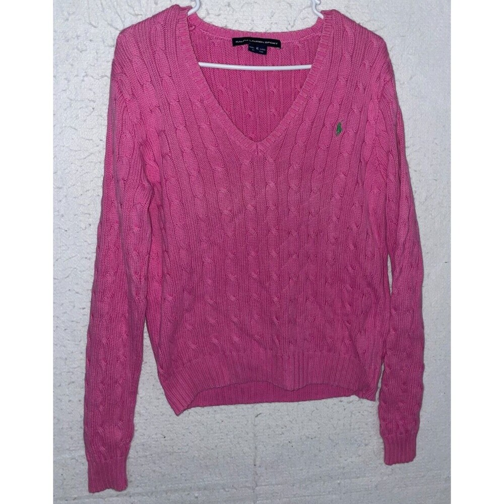 Ralph Lauren Sport Sweater Women's XL Pink Cable Knit V Neck Pony Cotton VTG